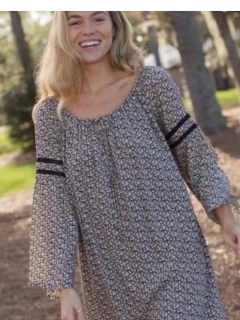 NATURAL LIFE Black Floral off the Shoulder Boho Dress with Bell Sleeves